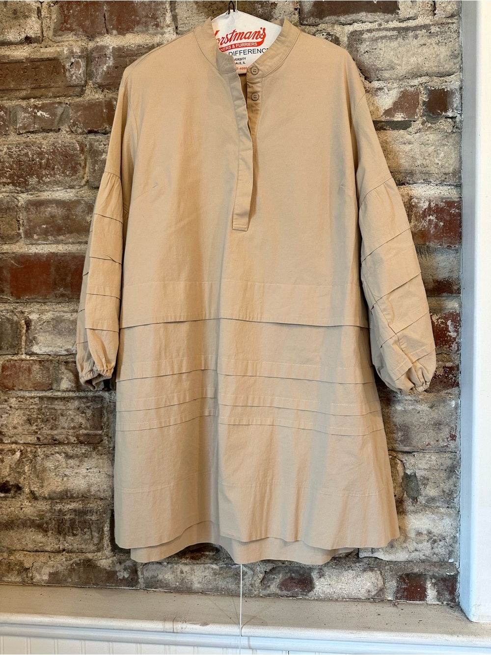 Neutral Beige Tunic Dress with Pleated Details